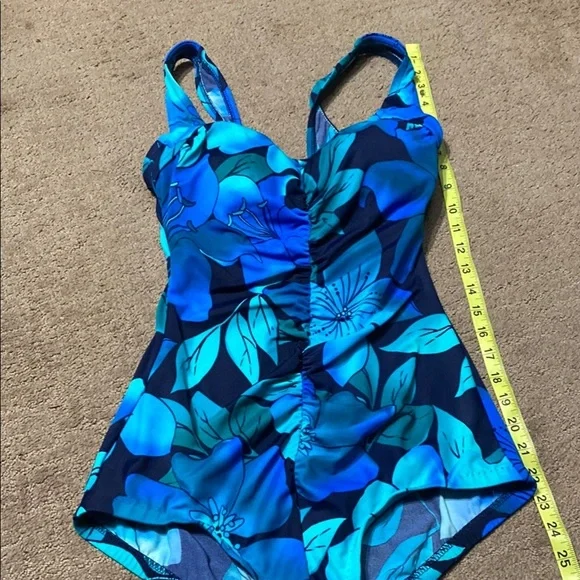 Electric Blue Green Size 12 One Piece Swimsuit with Floral Pattern Beach Summer - Picture 9 of 9